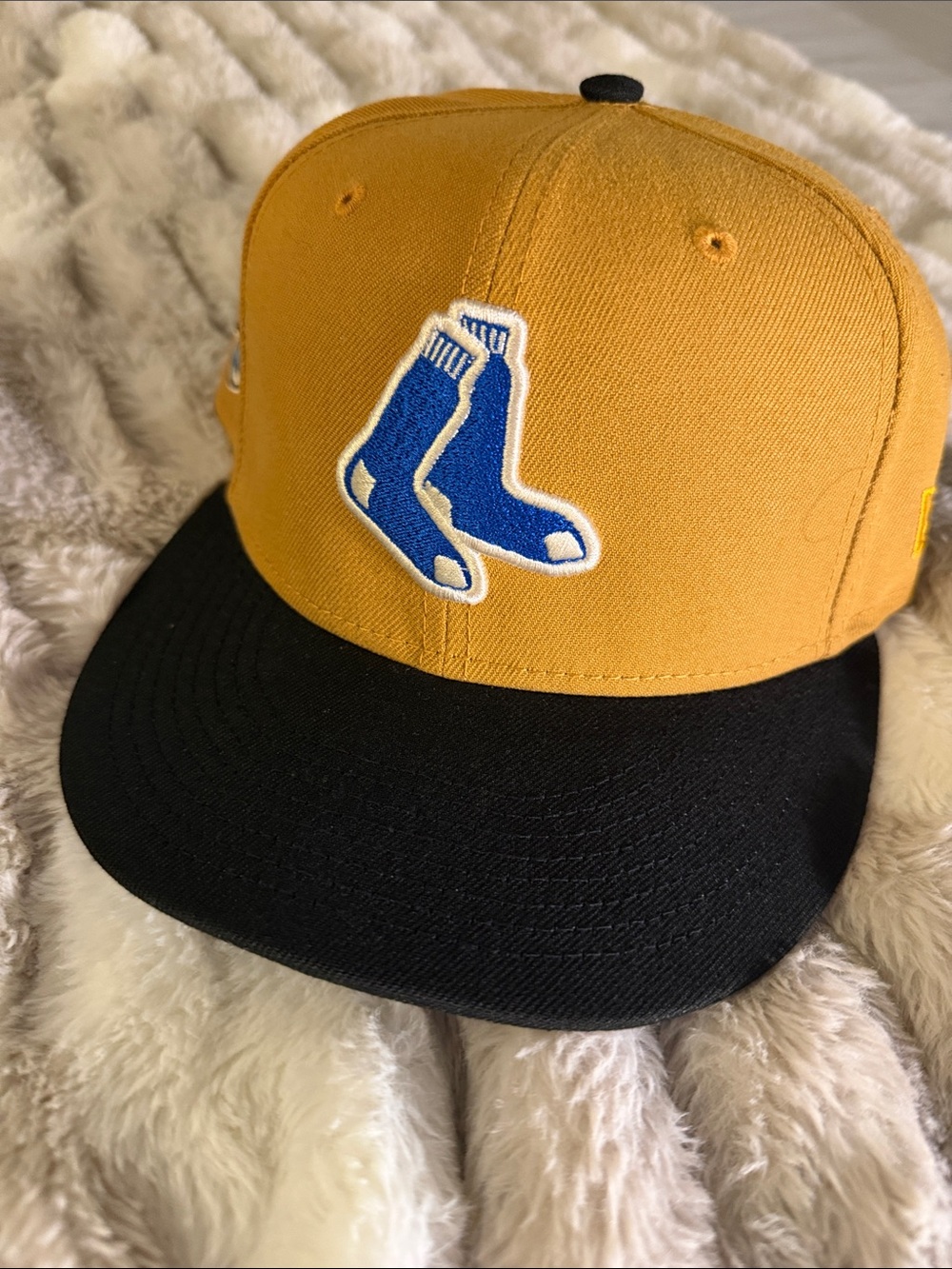 Boston Red Sox- Size 7 3/8: Gold and Black Two-Tone Snapback Hat with Blue Logo